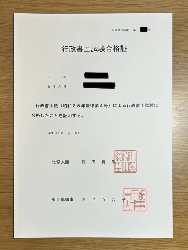 行政書士試験合格証
